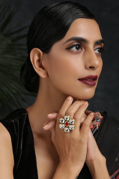 Handcrafted Kundan Floral Ring 