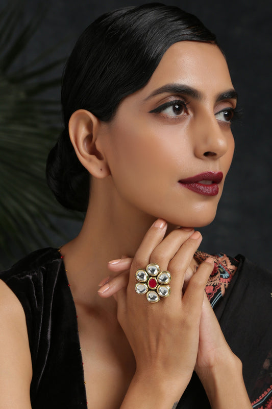 Handcrafted Kundan Floral Ring 