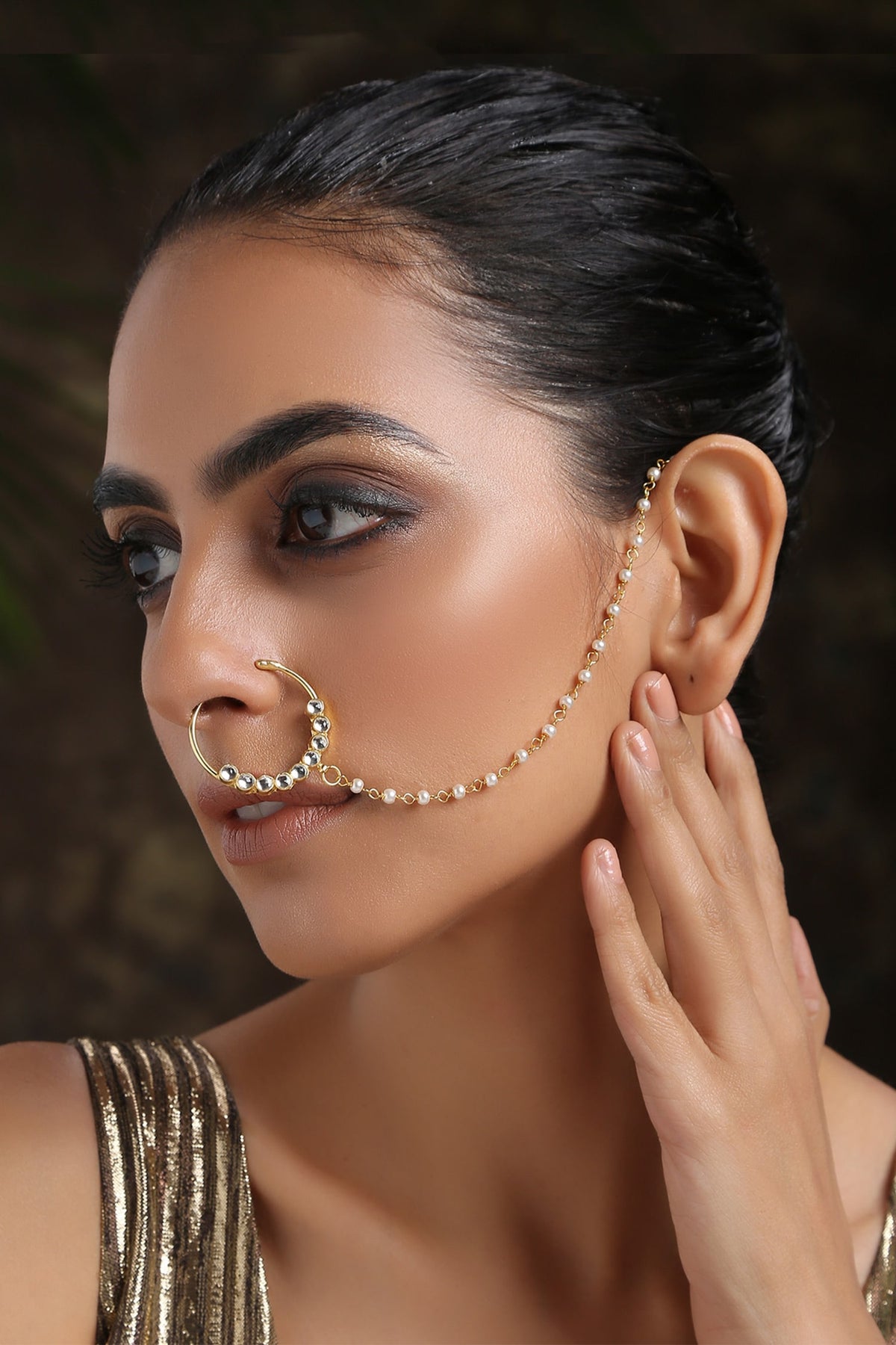Gold Kundan Nose Ring with Bead Chain 
