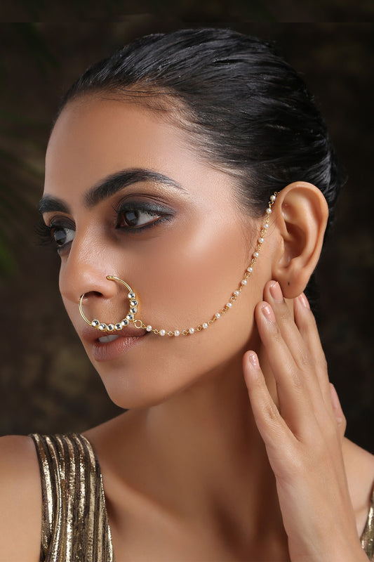 Gold Kundan Nose Ring with Bead Chain 