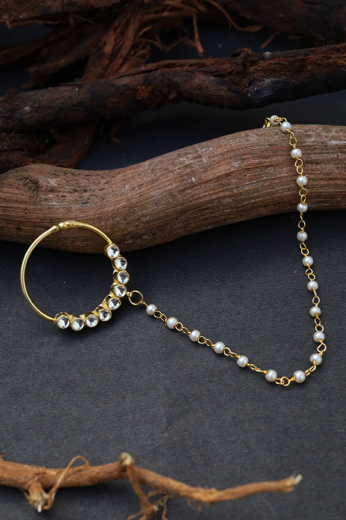 Gold Kundan Nose Ring with Bead Chain 
