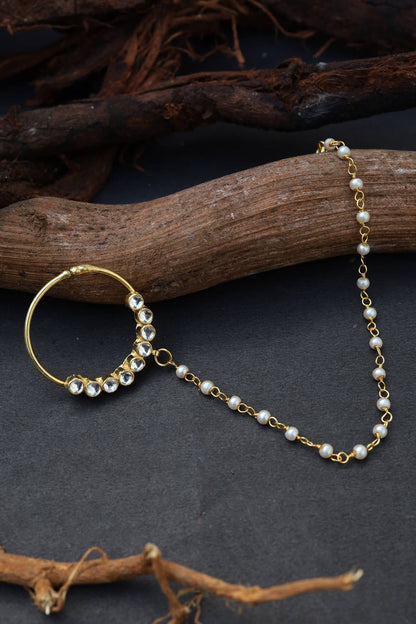 Gold Kundan Nose Ring with Bead Chain 