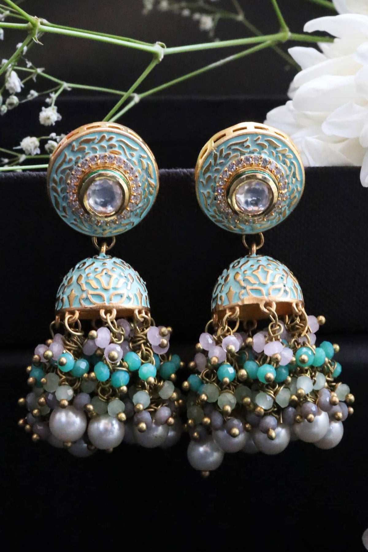 Handcrafted Kundan Enamel Jhumkas 