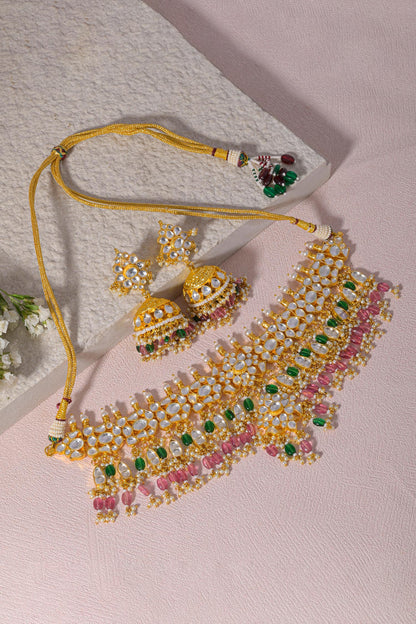 Kundan Studded Necklace & Jhumkas Set 