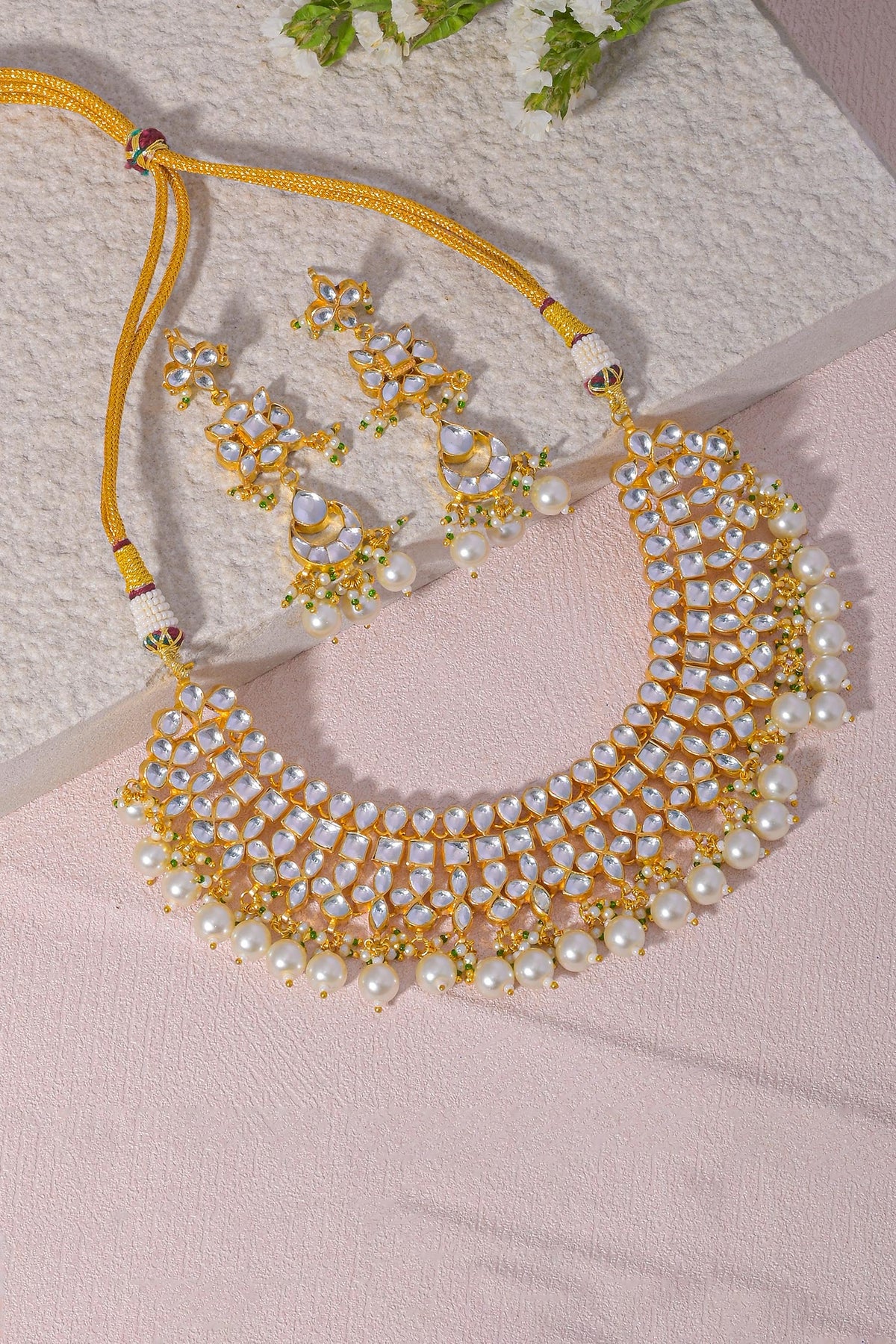 Kundan Embellished Necklace & Earrings Set 