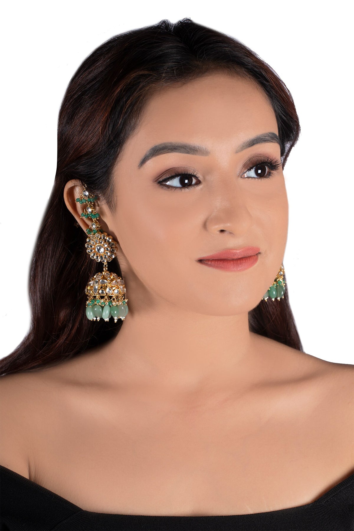 Floral Stone Ear Chain Jhumkas 