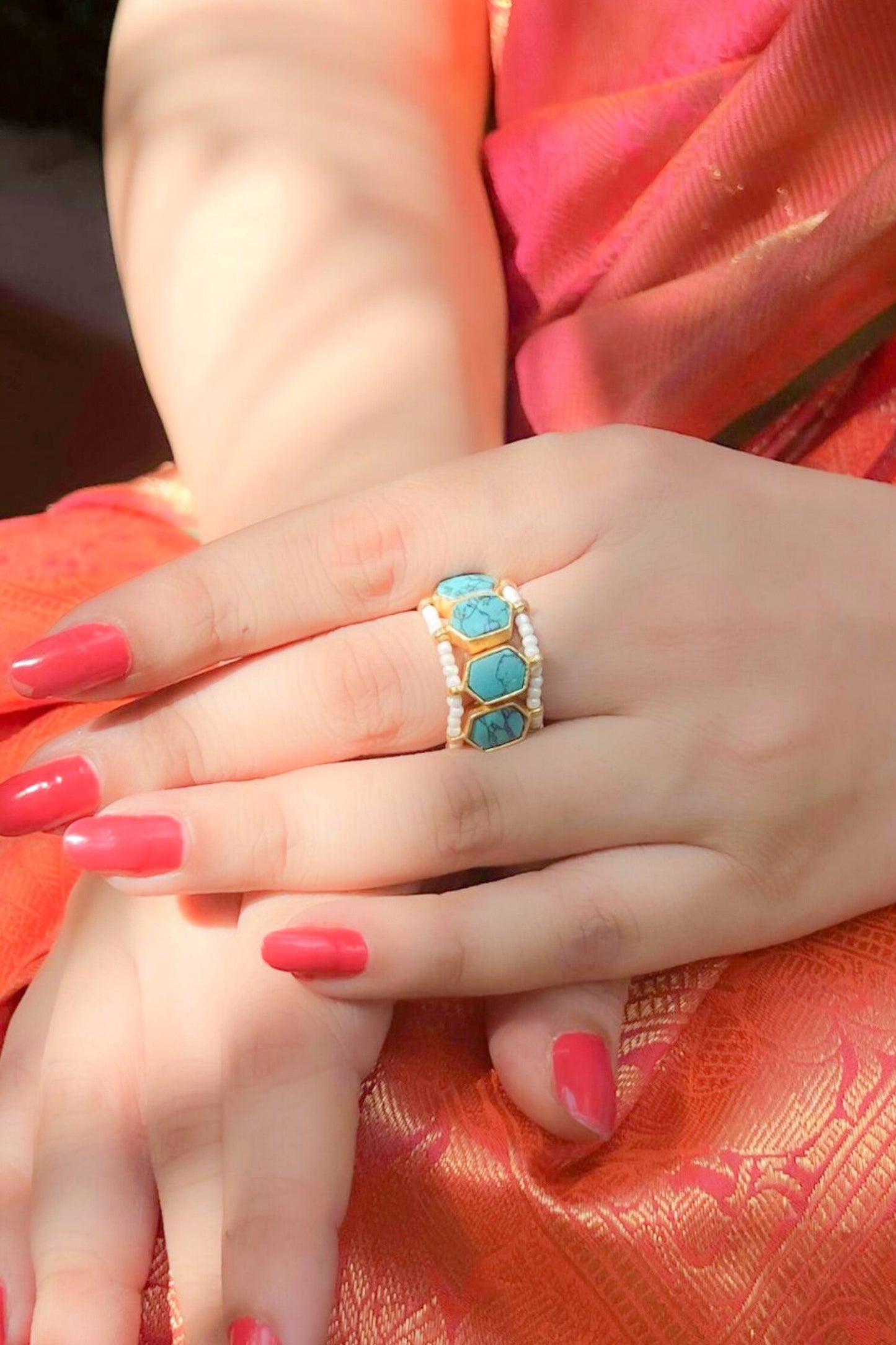 Geometric Stone Bead Embellished Ring 
