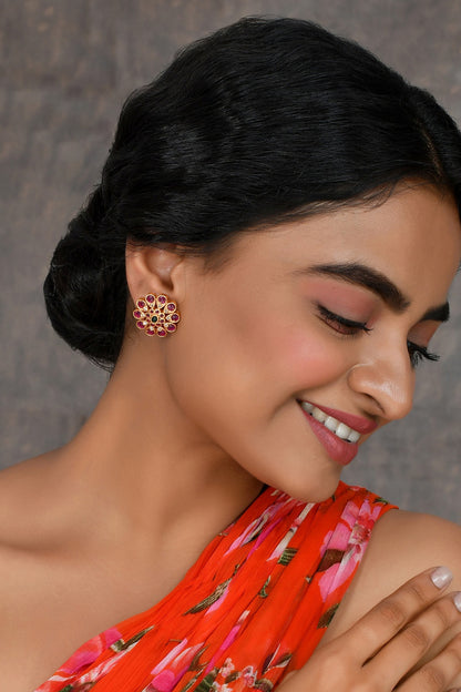 Kempu Stone Embellished Floral Stud Earrings 