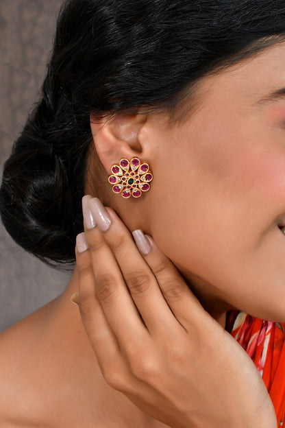 Kempu Stone Embellished Floral Stud Earrings 
