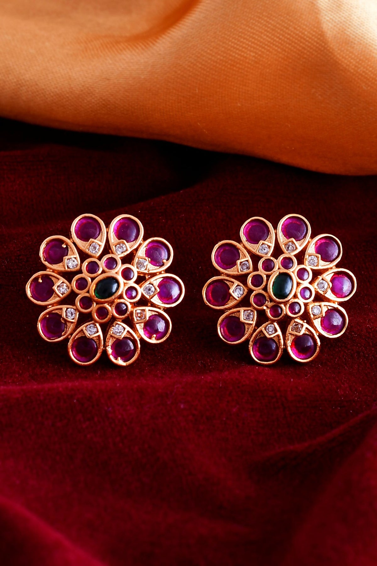 Kempu Stone Embellished Floral Stud Earrings 