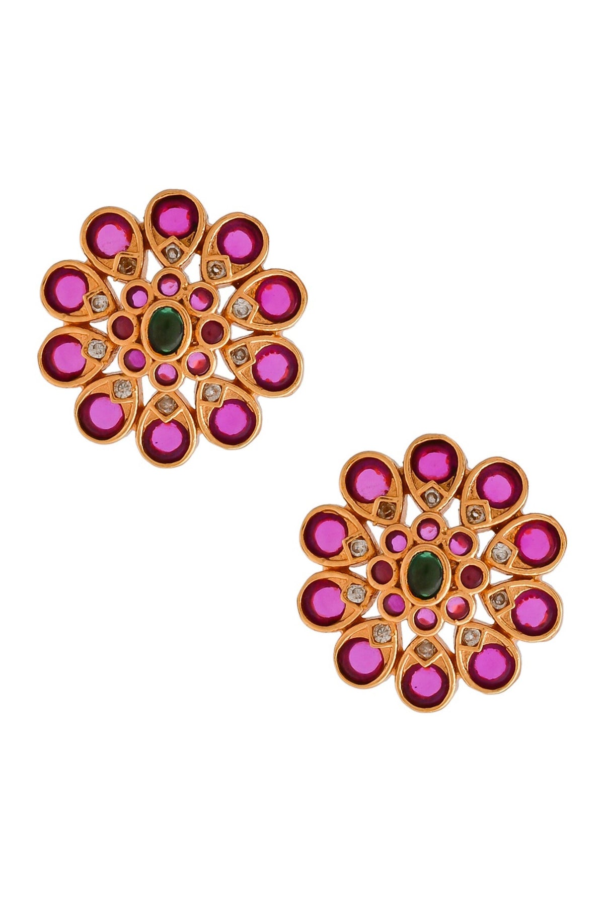 Kempu Stone Embellished Floral Stud Earrings 
