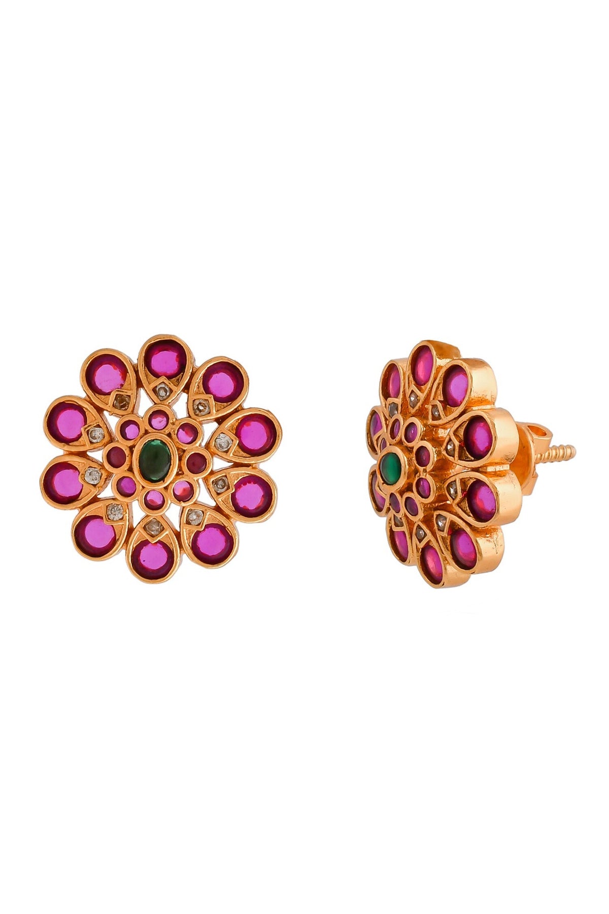 Kempu Stone Embellished Floral Stud Earrings 