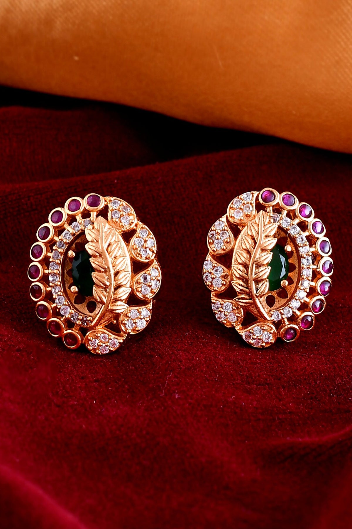 Kempu Stone Studded Leaf Earrings 