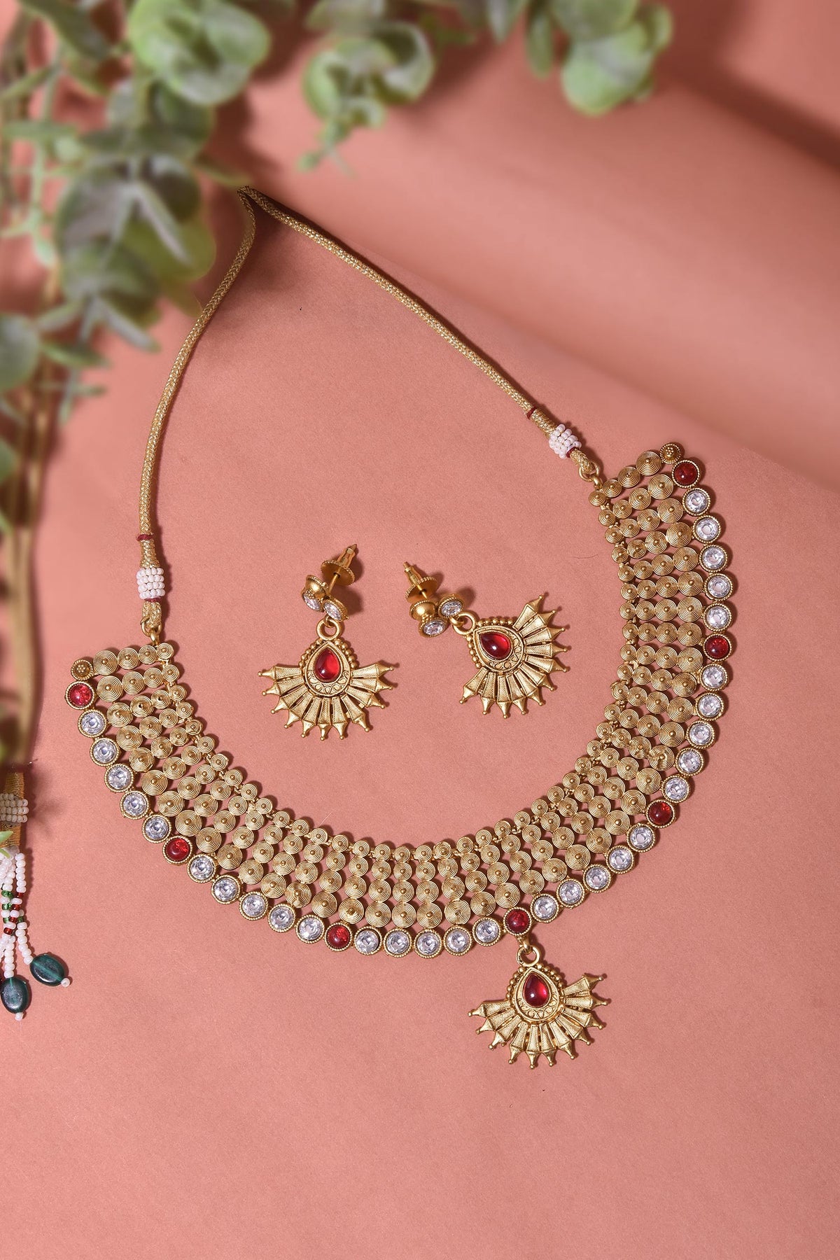 Ruby Embellished Temple Necklace Set 