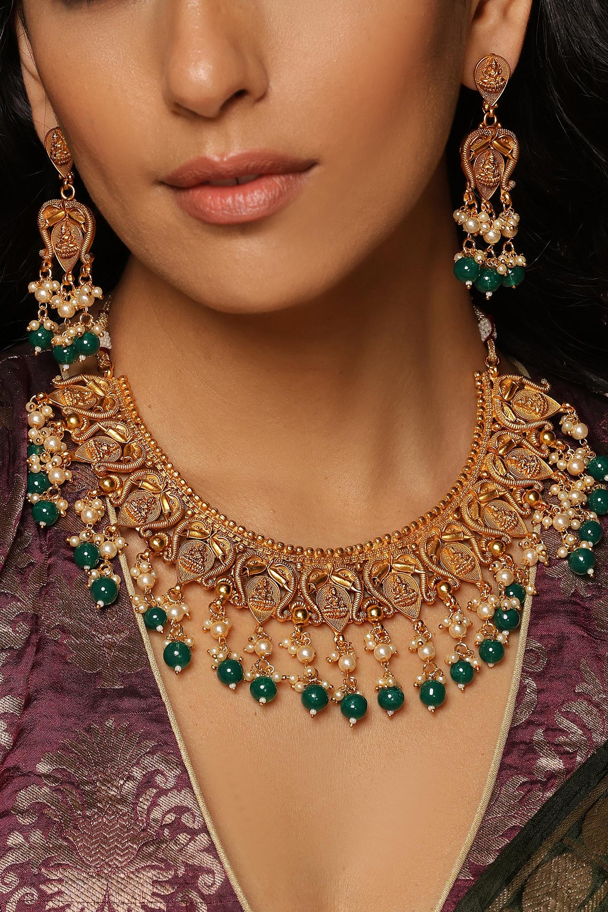 Bead Embellished Temple Necklace Set 