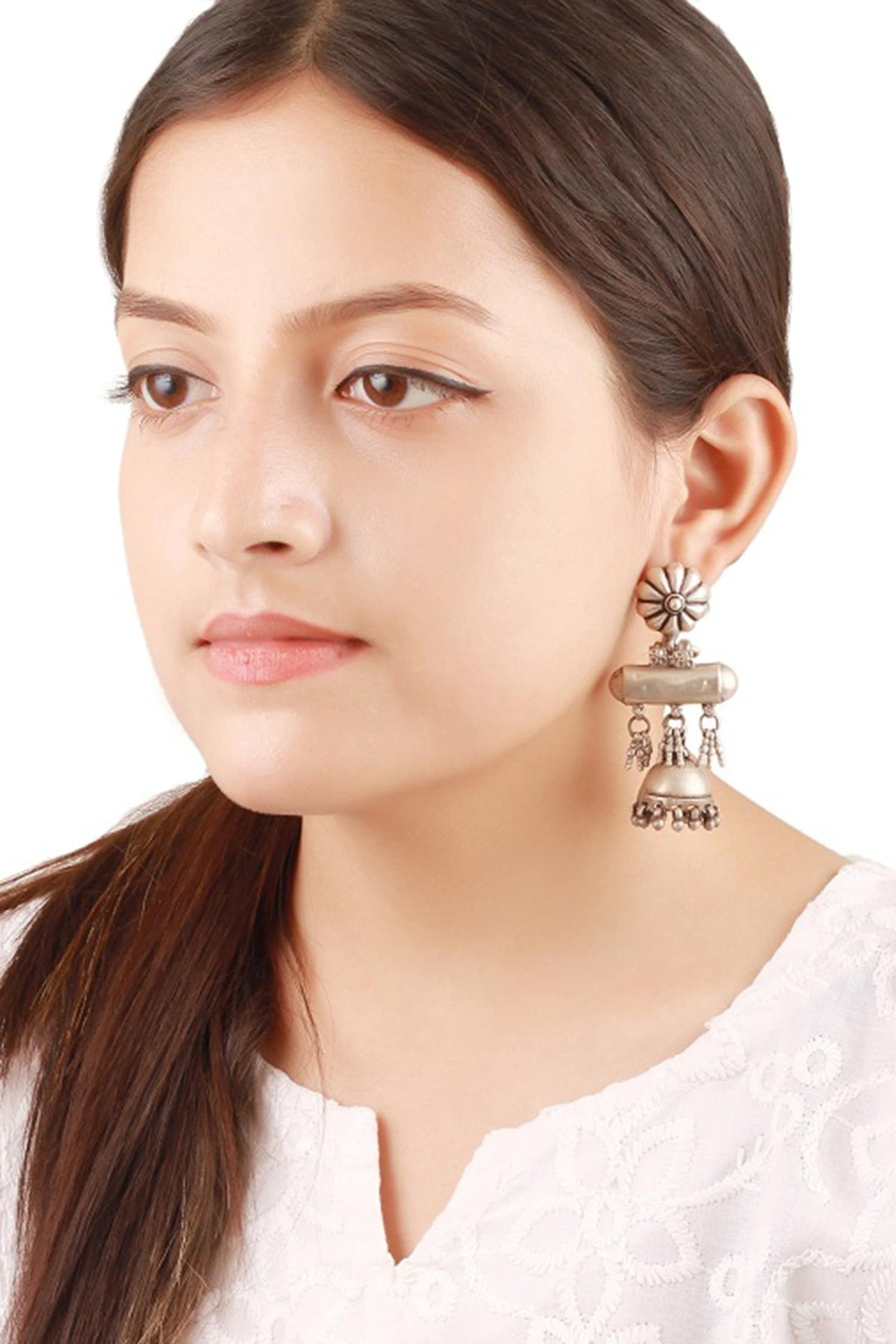 Floral Carved Silver Jhumkas 