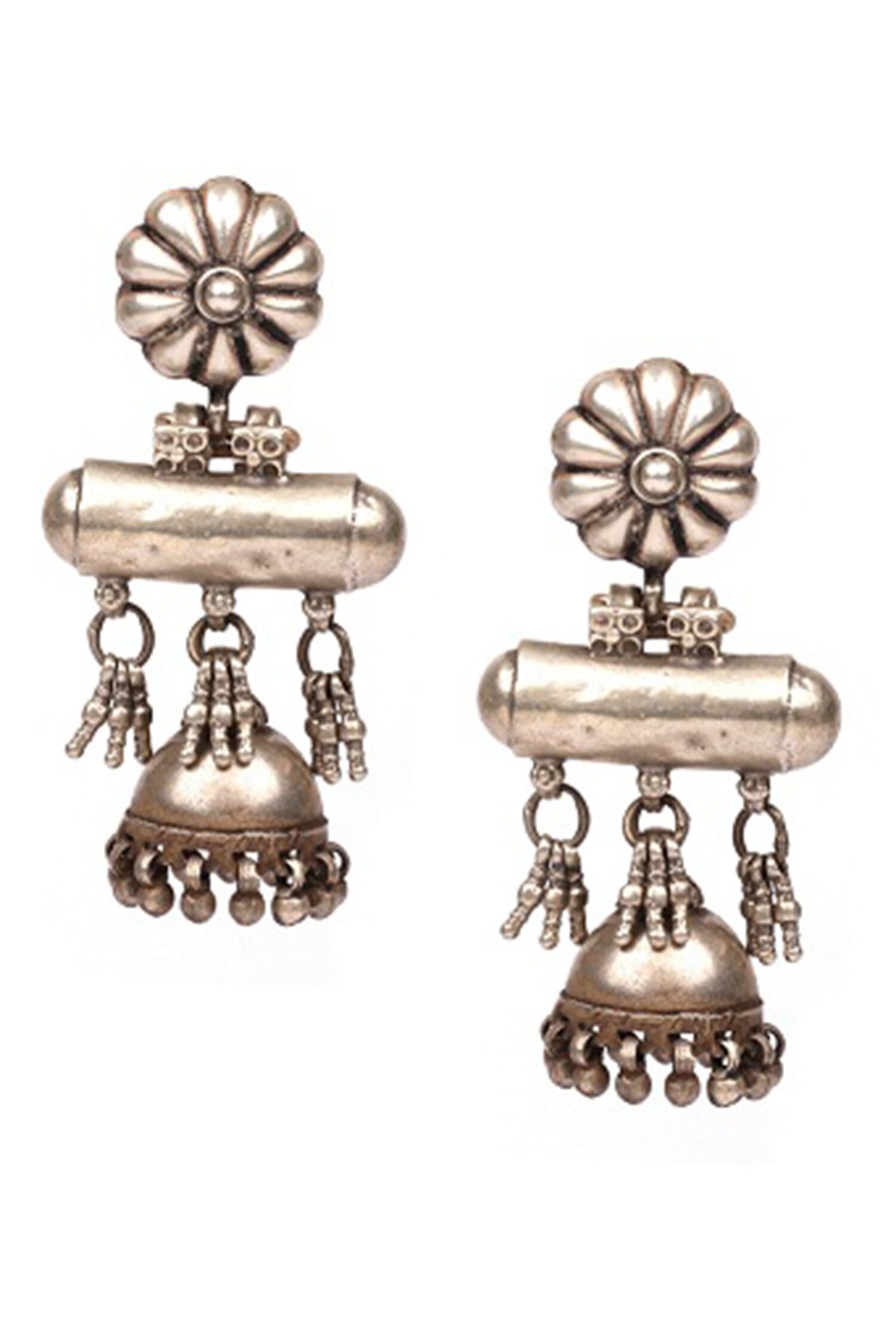 Floral Carved Silver Jhumkas 