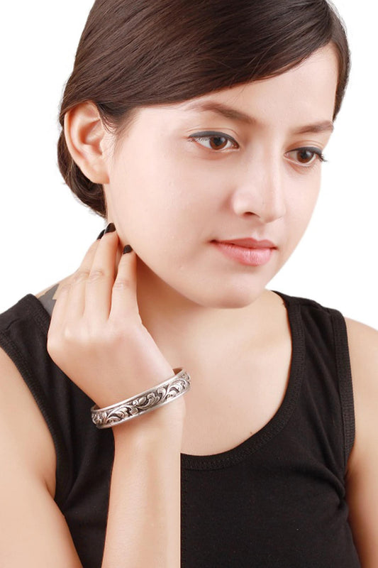 Floral Carved Silver Bracelet 