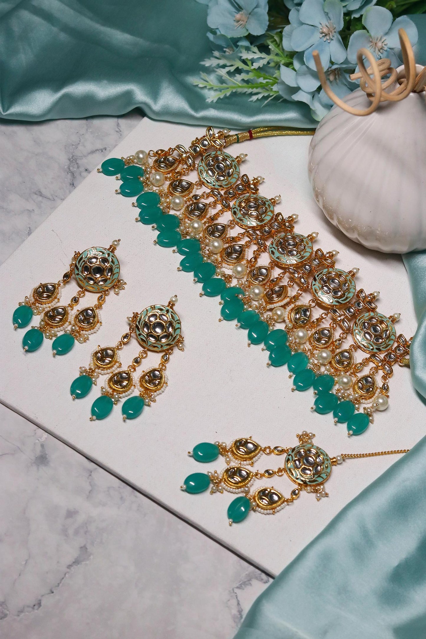 Handcrafted Stone Embellished Necklace Set With Maangtikka 