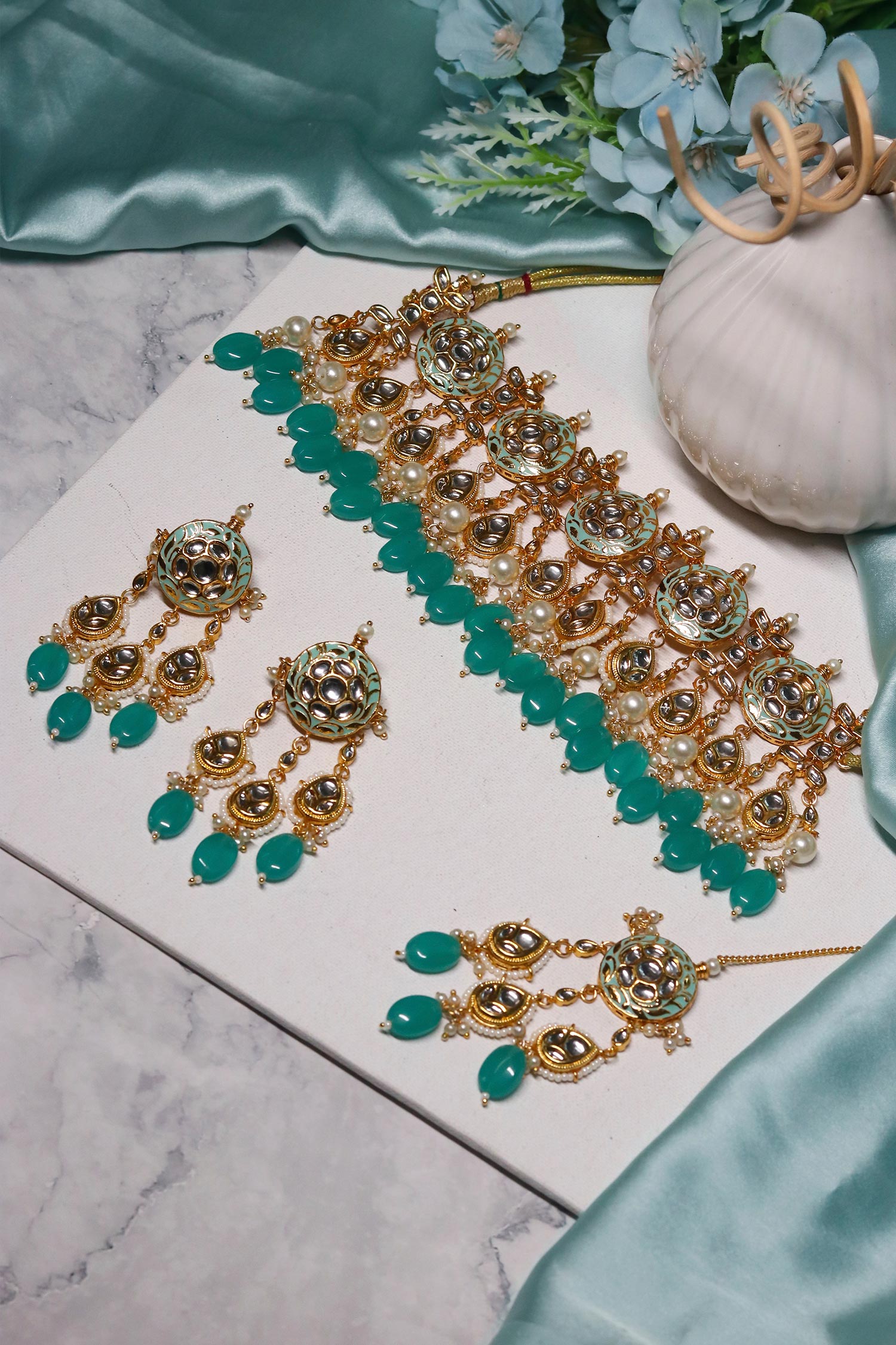 Handcrafted Stone Embellished Necklace Set With Maangtikka 
