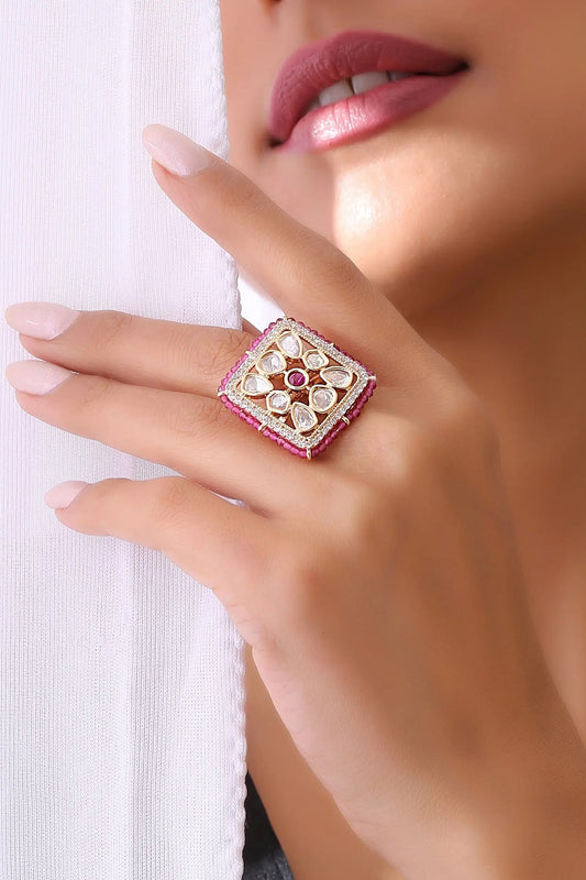 Handcrafted Kundan Polki Square Ring 