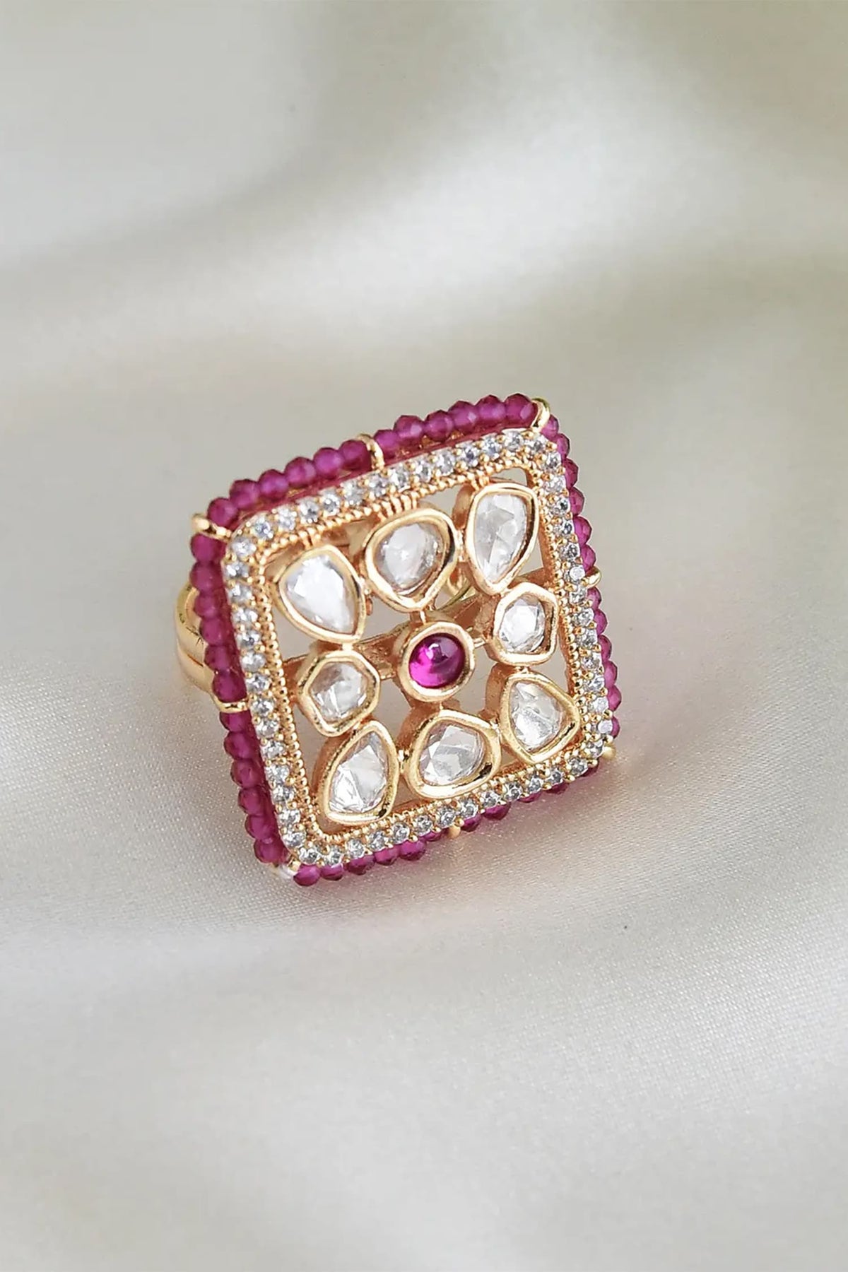 Handcrafted Kundan Polki Square Ring 
