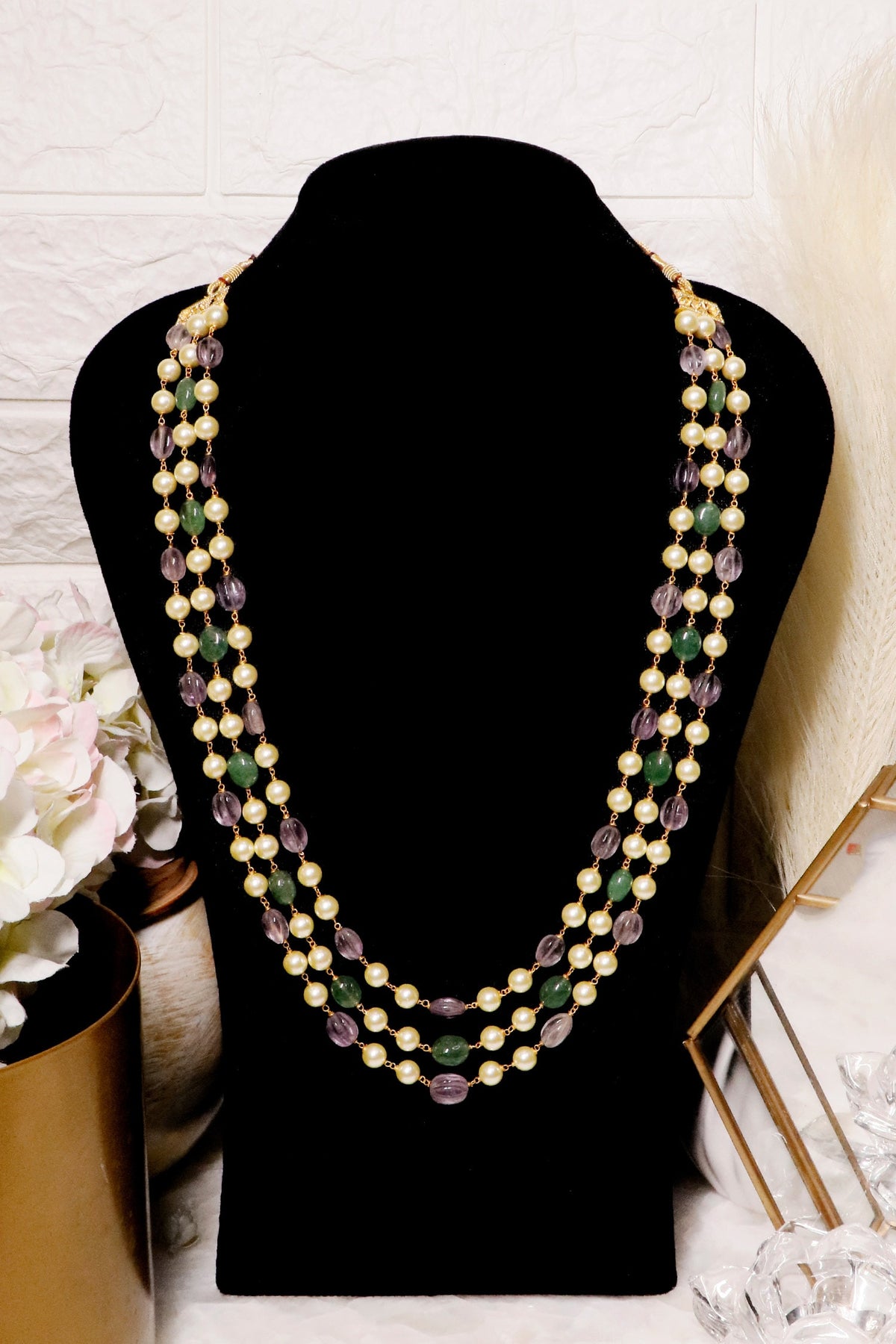 Multi Color Triple Layered Bead Necklace 