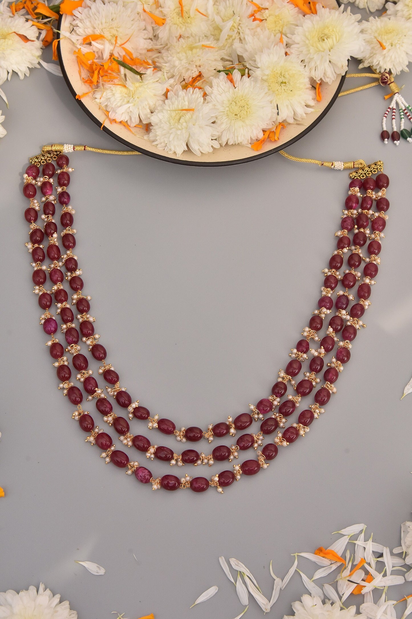 Red Bead Stone Layered Necklace 