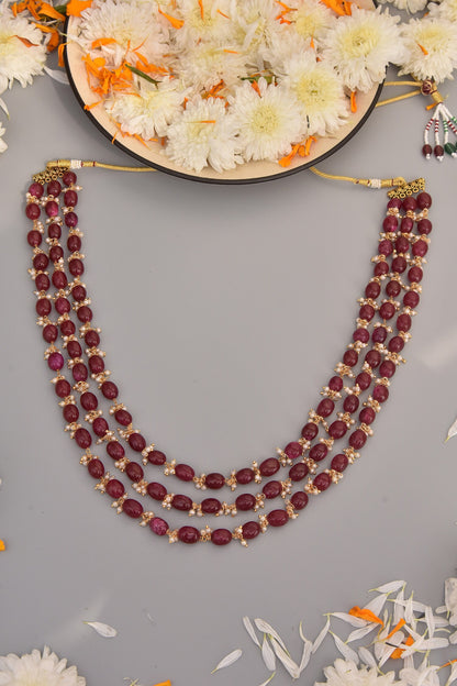 Red Bead Stone Layered Necklace 