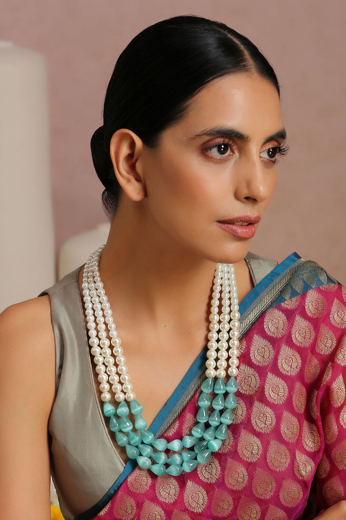 Green Pearl Embellished Layered Necklace 