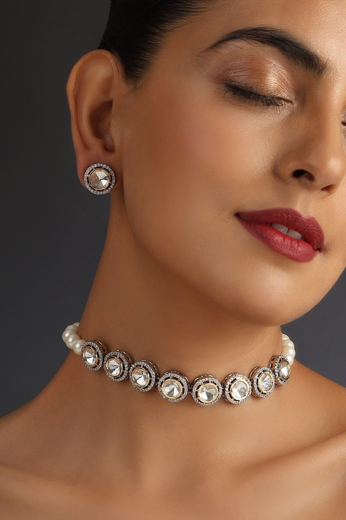 Pearl Polki Studded Choker Necklace Set 