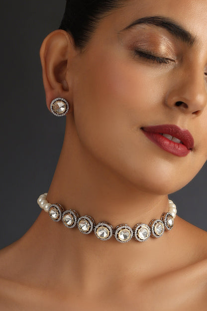 Pearl Polki Studded Choker Necklace Set 