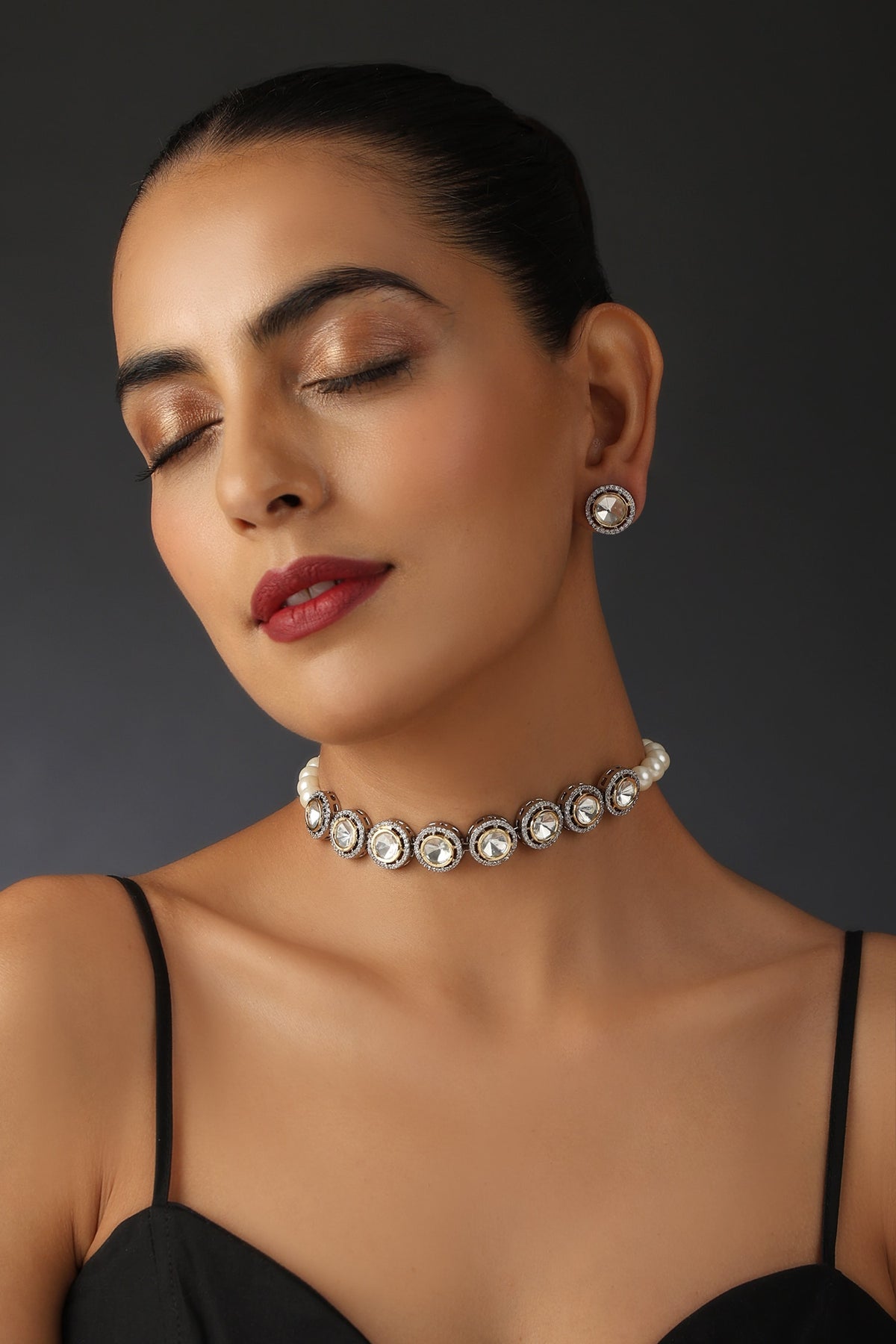 Pearl Polki Studded Choker Necklace Set 