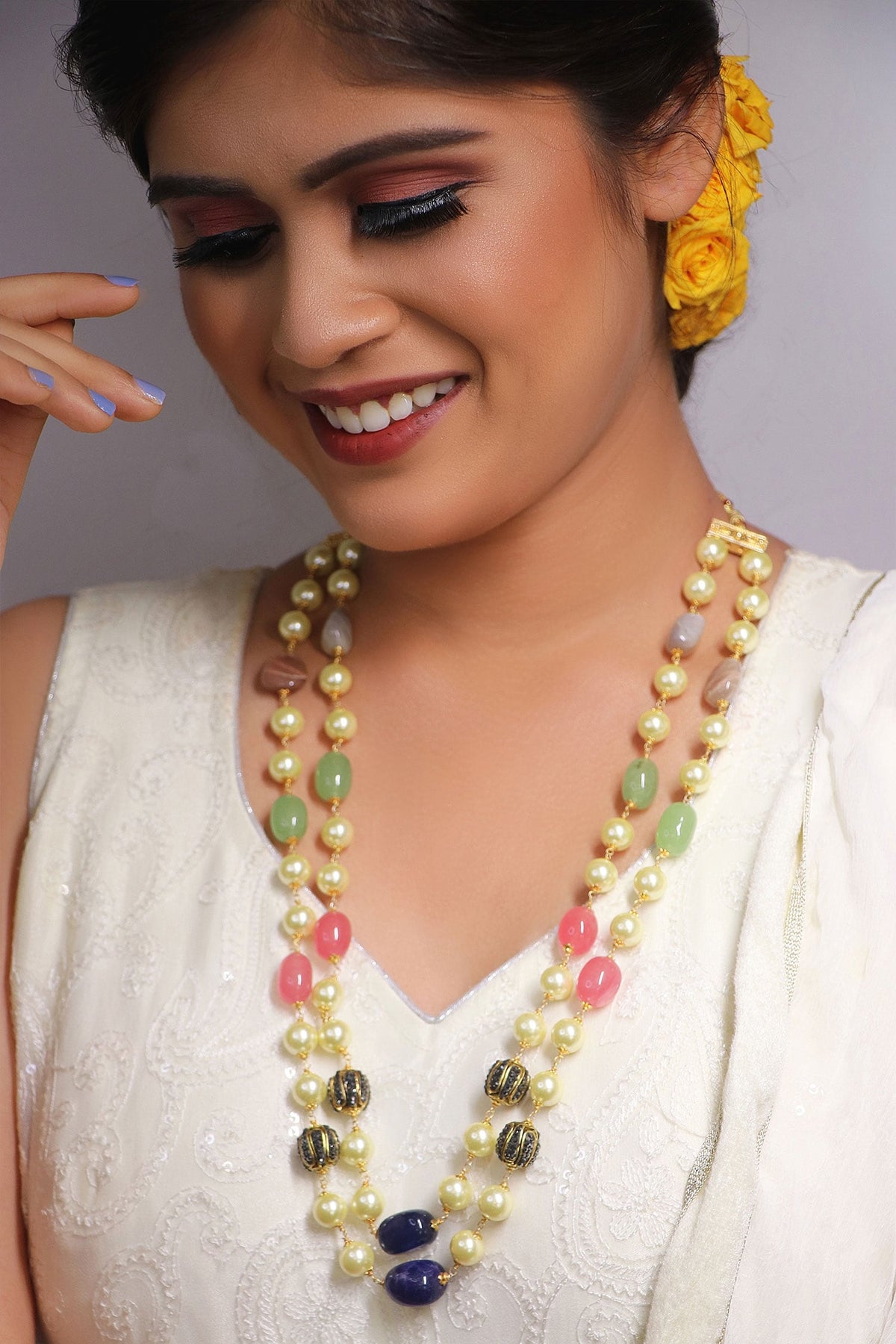 Gold Double Layered Stone Necklace 