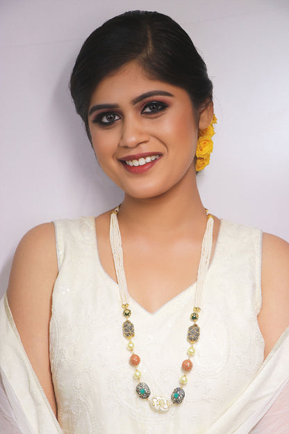 Layered Pearl & Stone Long Necklace 