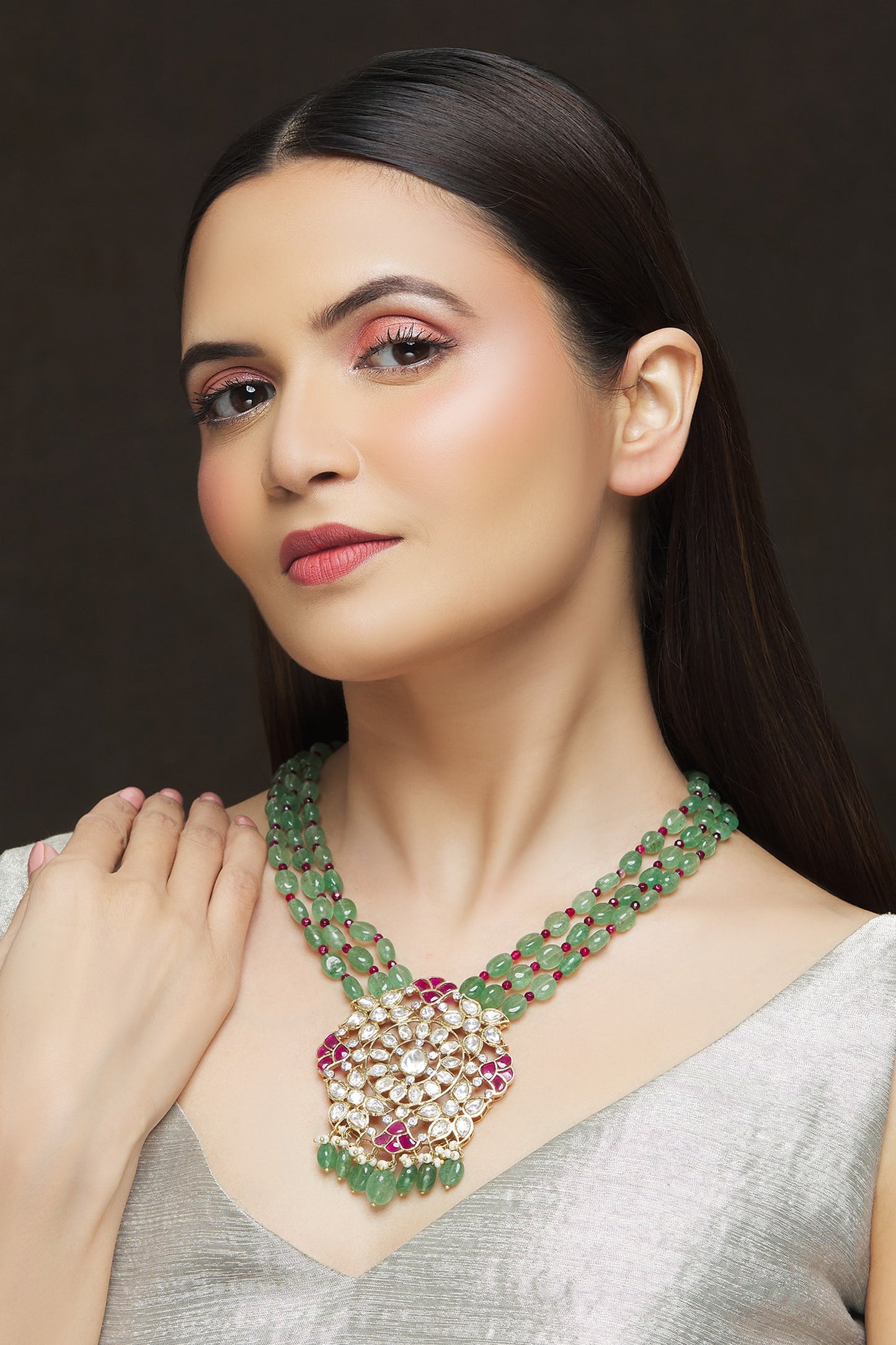 Ruby Embellished Pendant Layered Necklace 