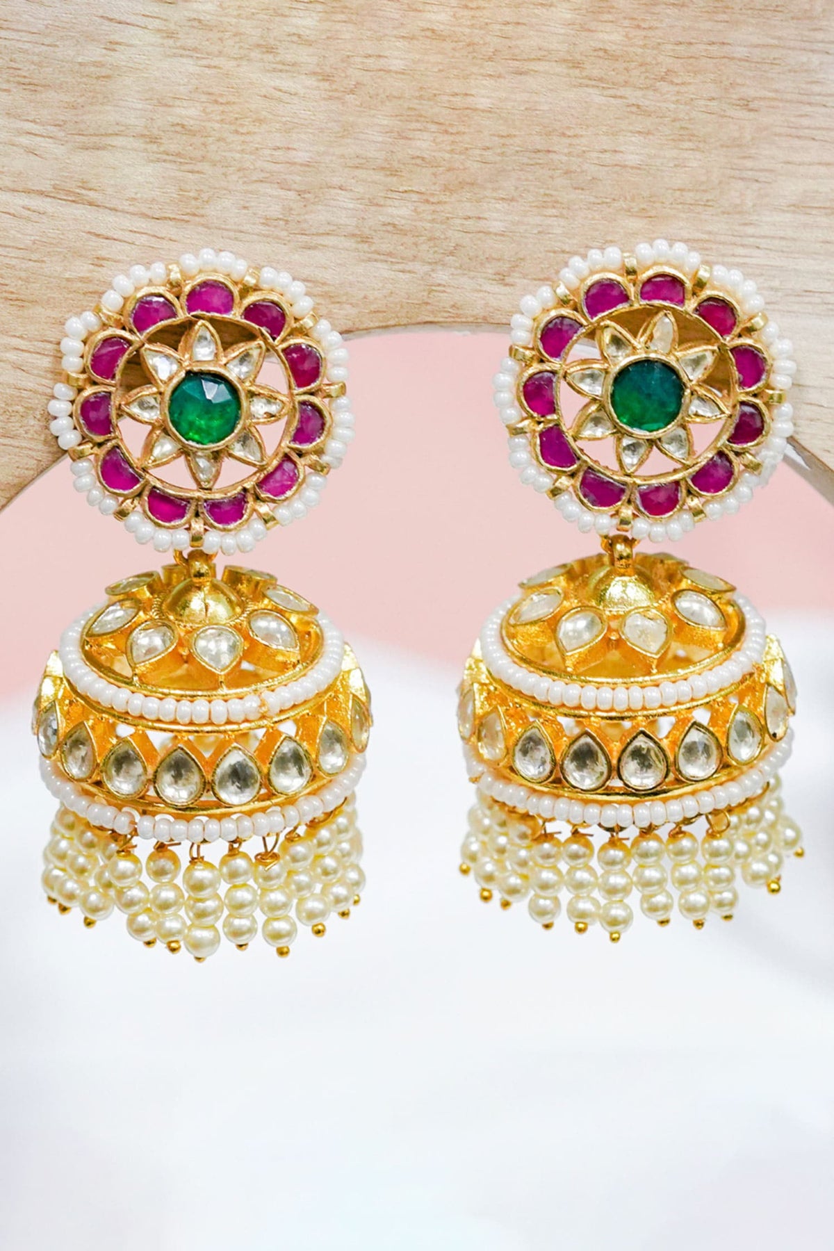 Kundan Pearl Studded Jhumkas 