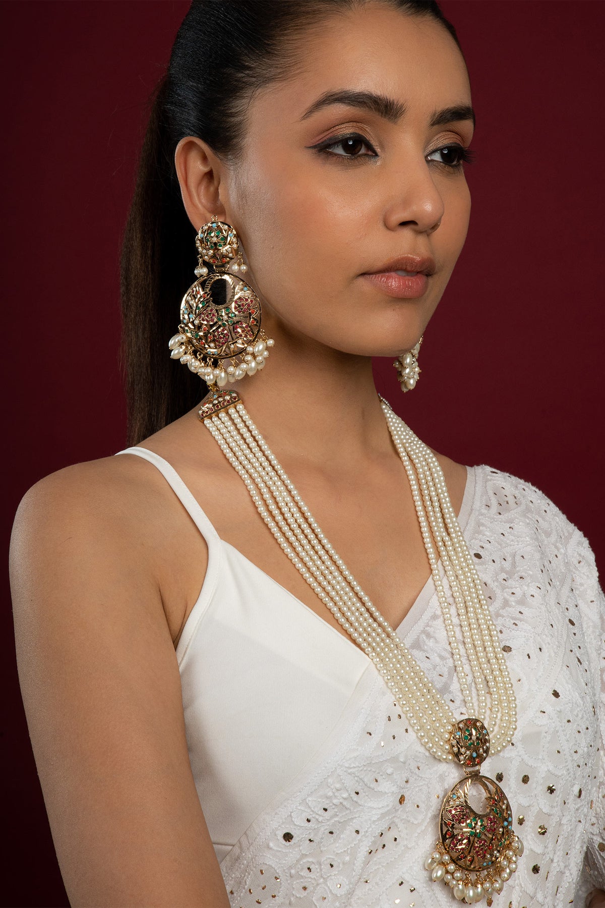 Navratan Jadau Stone Embellished Pendant Necklace Set 