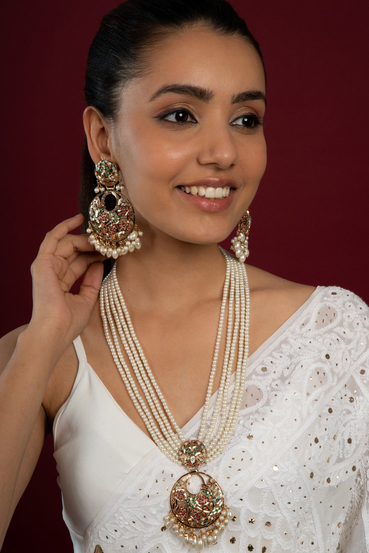 Navratan Jadau Stone Embellished Pendant Necklace Set 