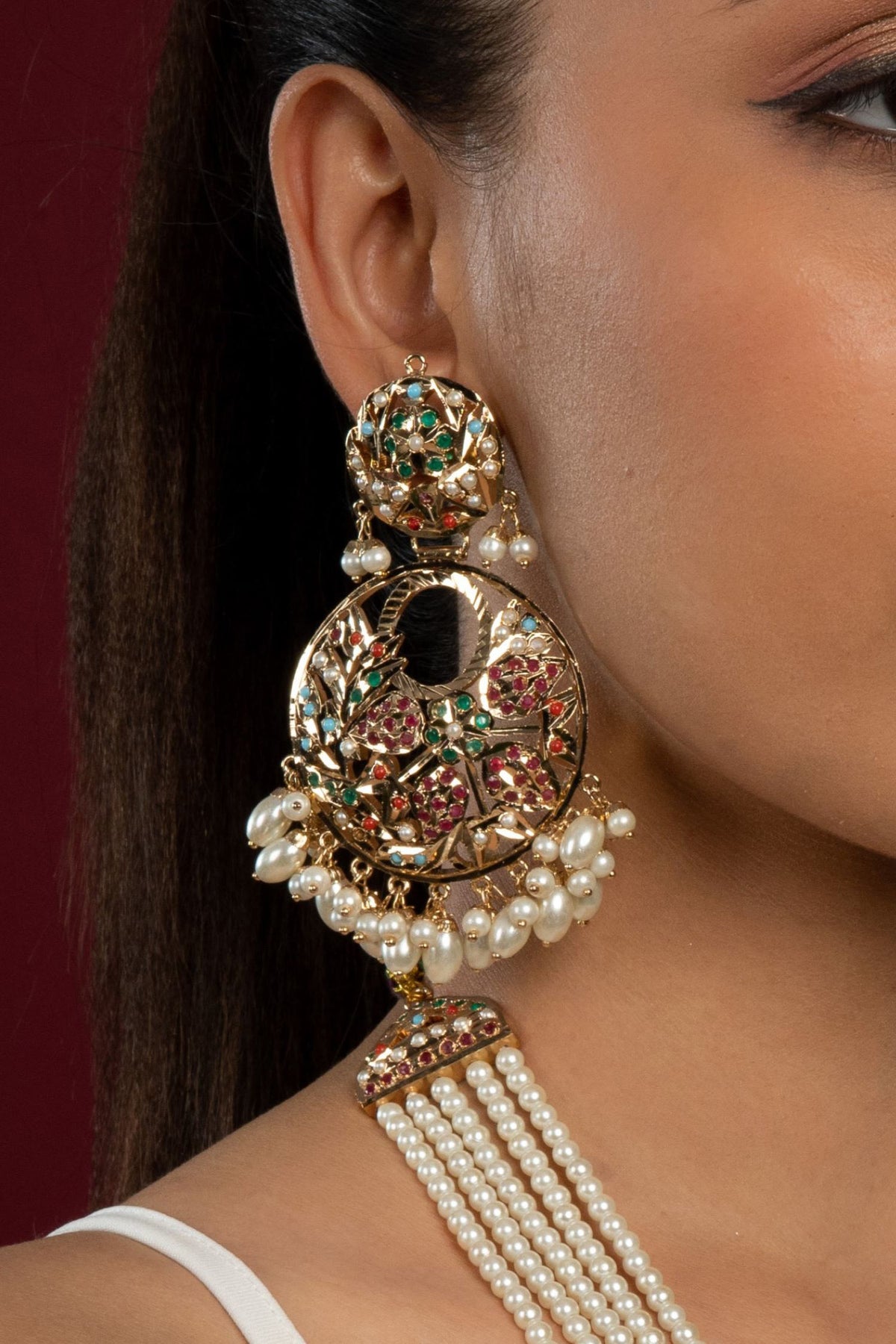 Navratan Jadau Stone Embellished Pendant Necklace Set 