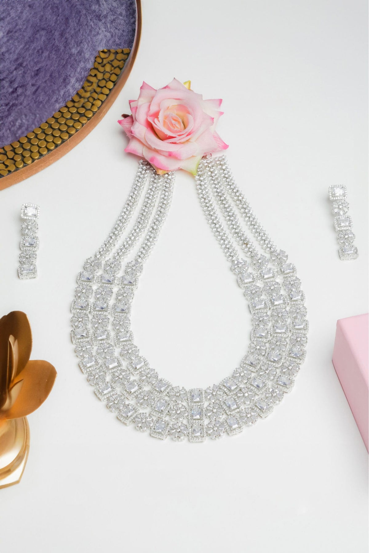 American Diamond Studded Triple Layer Necklace Set 