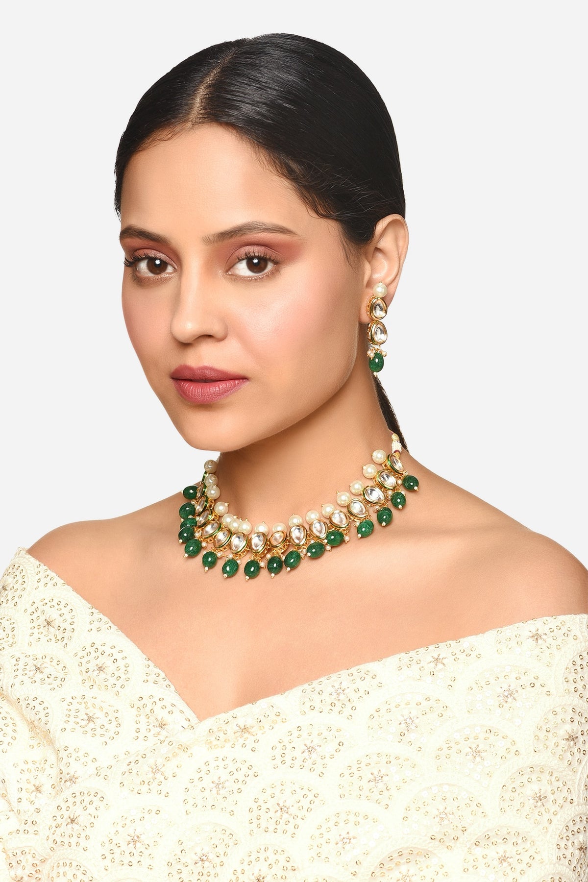 Emerald Green Stone & Pearl Choker Set 
