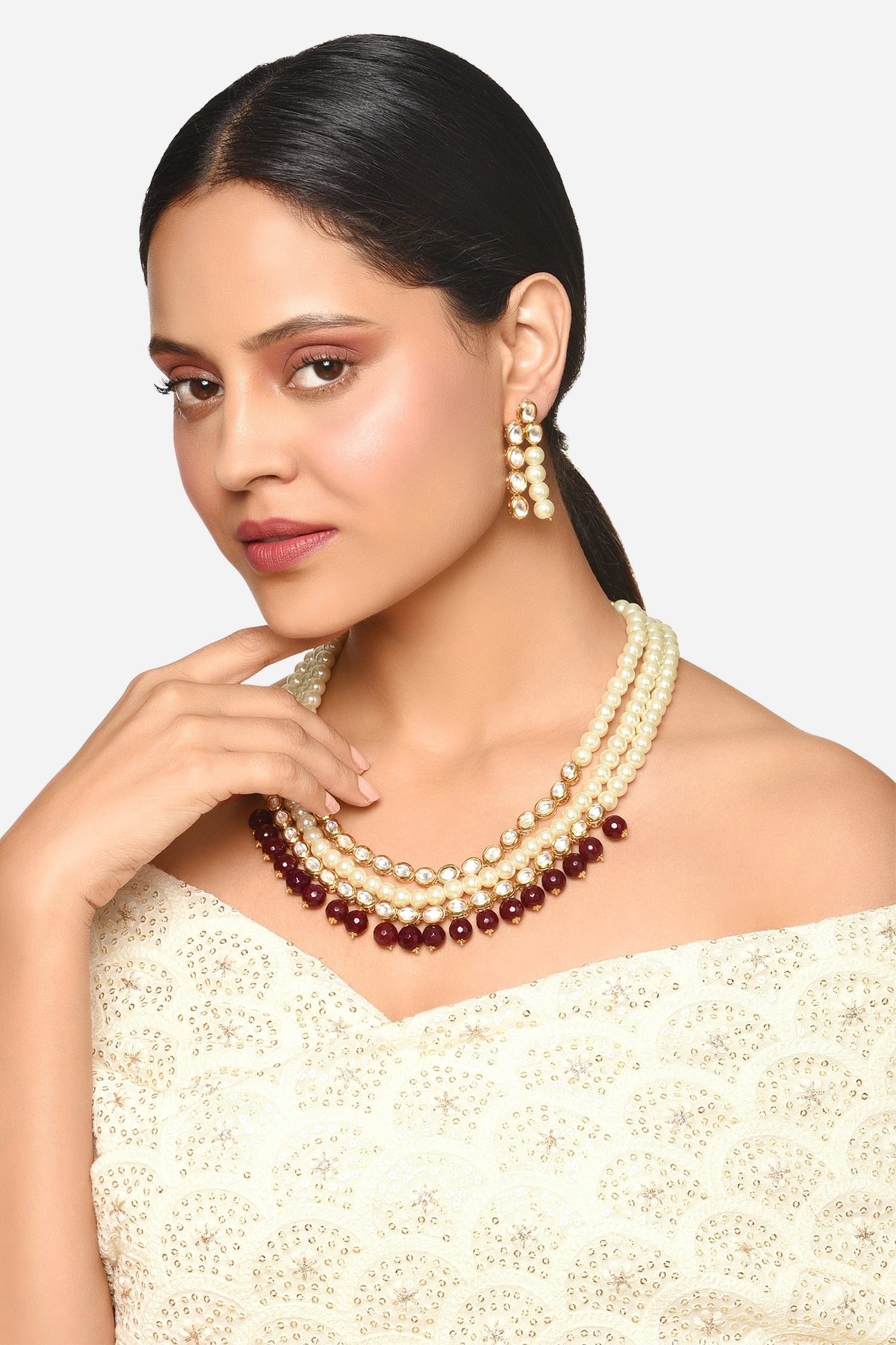 Gold Toned Three Layered Pearl Necklace Set 