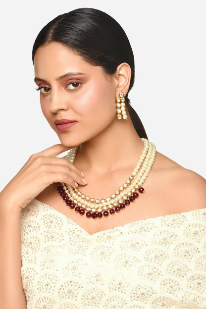 Gold Toned Three Layered Pearl Necklace Set 