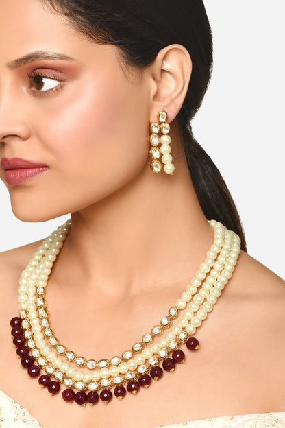 Gold Toned Three Layered Pearl Necklace Set 