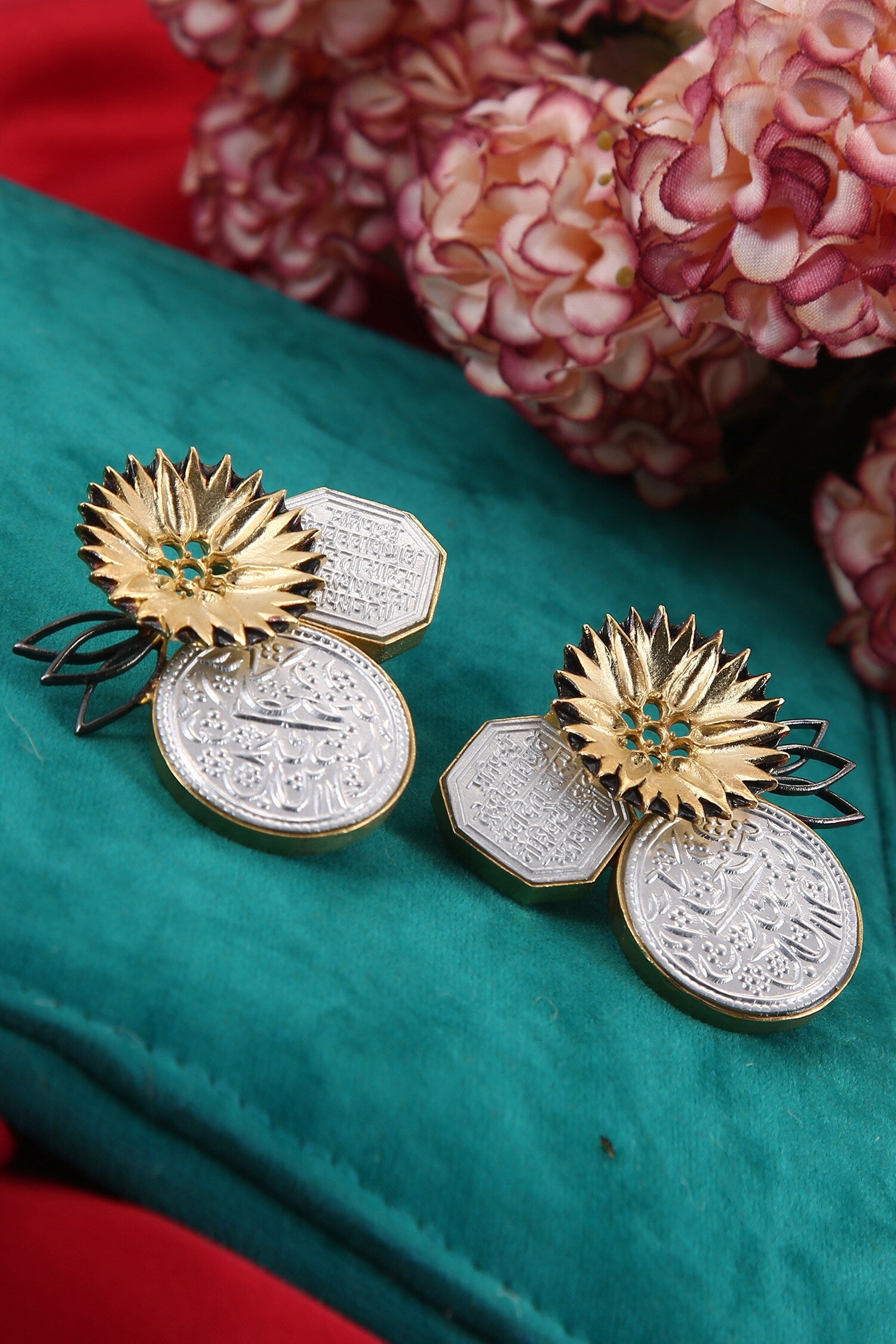 Floral Shaped Mudra Carved Earrings 