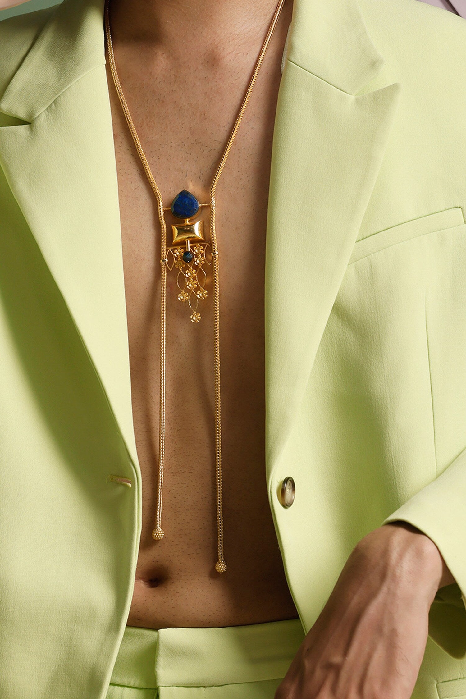 Stone Embellished Long Chain Pendant Necklace 