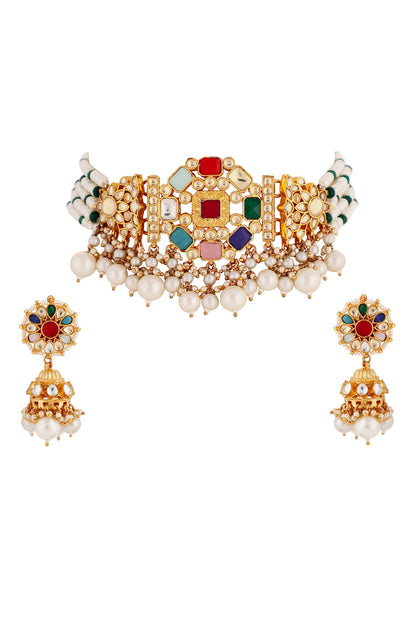 Multi Color Jadtar Stones Choker Set 