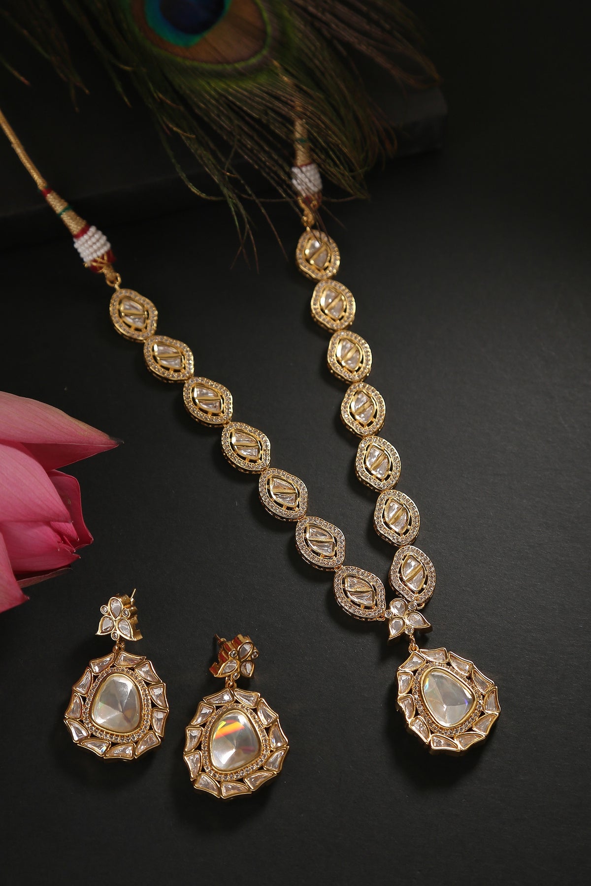 Kundan Polki Long Pendant Necklace Set 