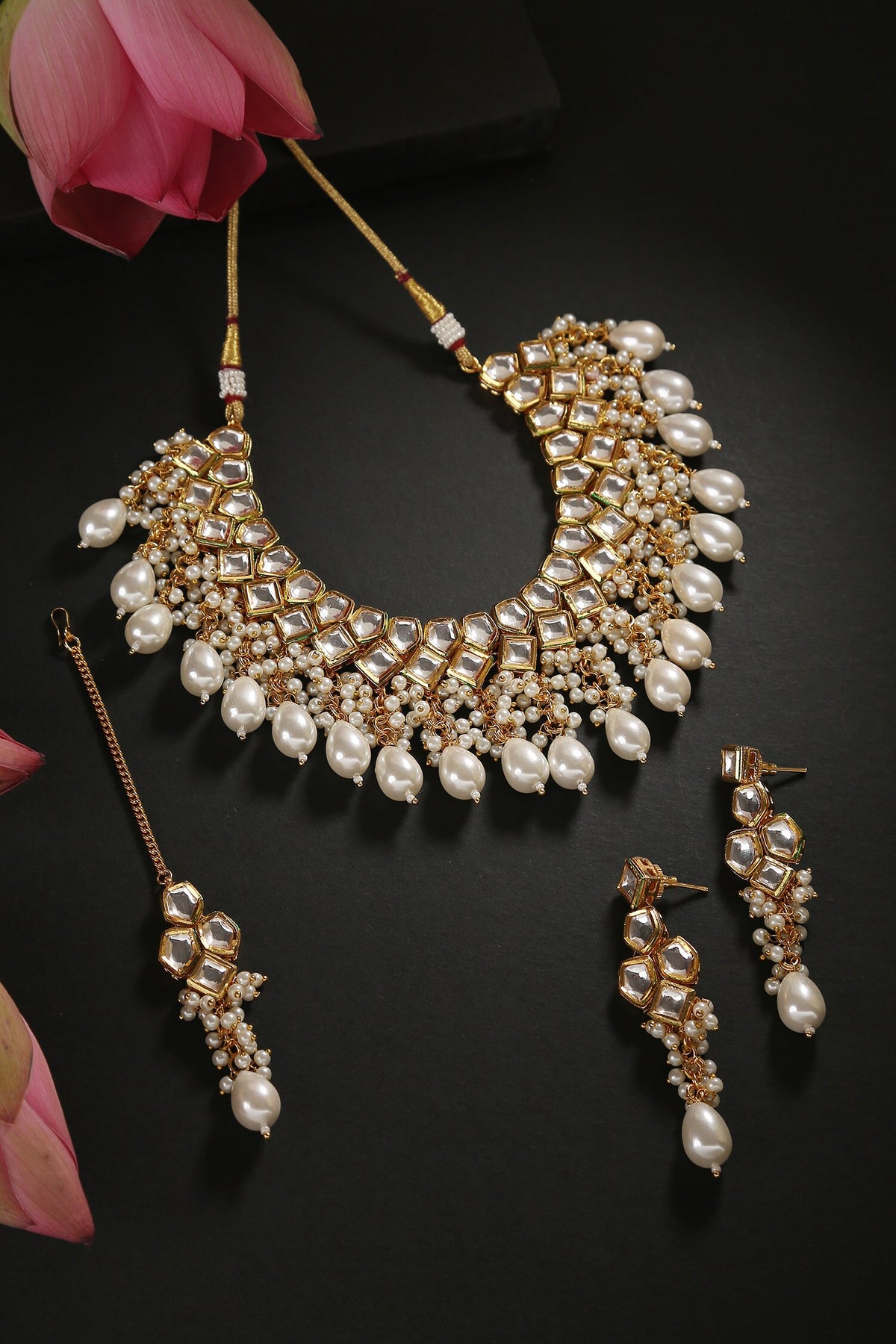 Geometric Pearl & Kundan Necklace Set 